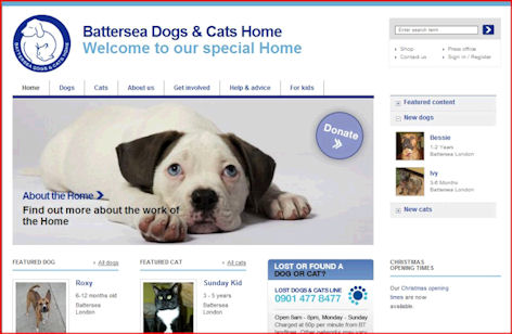 Screenshot of web site for Battersea dog rescue centre